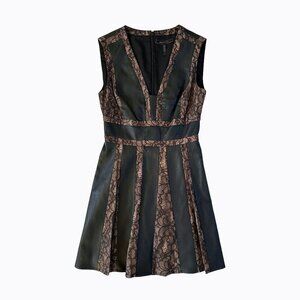 BCBGMaxAzria Dress Sz2 Black Faux Leather Pleated Brown Lace V-Neck 90s Goth Y2K